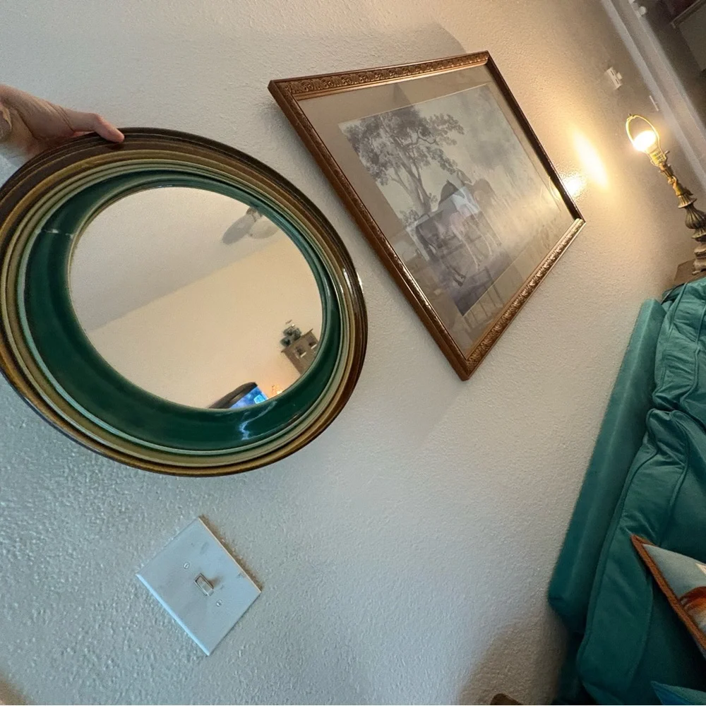 Jim Beam Handcrafted PNW Ceramic pottery Art Hanging Wall Mirror teal and brown